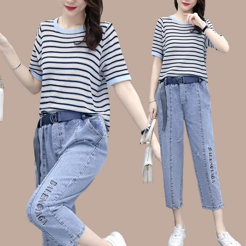 Летний комплект, футболка, джинсы, оверсайз, свободный крой, в западном стиле