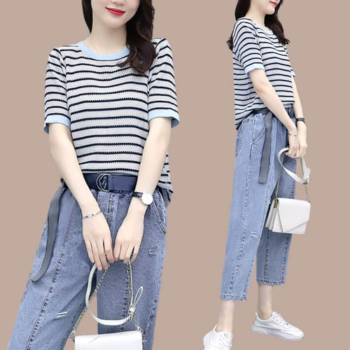 Летний комплект, футболка, джинсы, оверсайз, свободный крой, в западном стиле