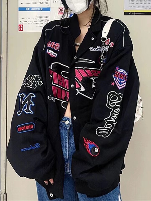 American-Style Baseball Jacket for Women, Spring and Autumn, Hong Kong Style Biker Flight Jacket, Embroidered Loose Vintage Thin Student Jacket