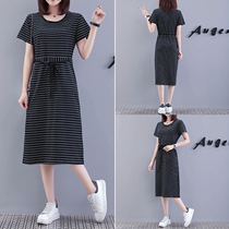 2020 new womens spring and summer clothes fat MM size T-shirt womens long thin knee short sleeve striped dress