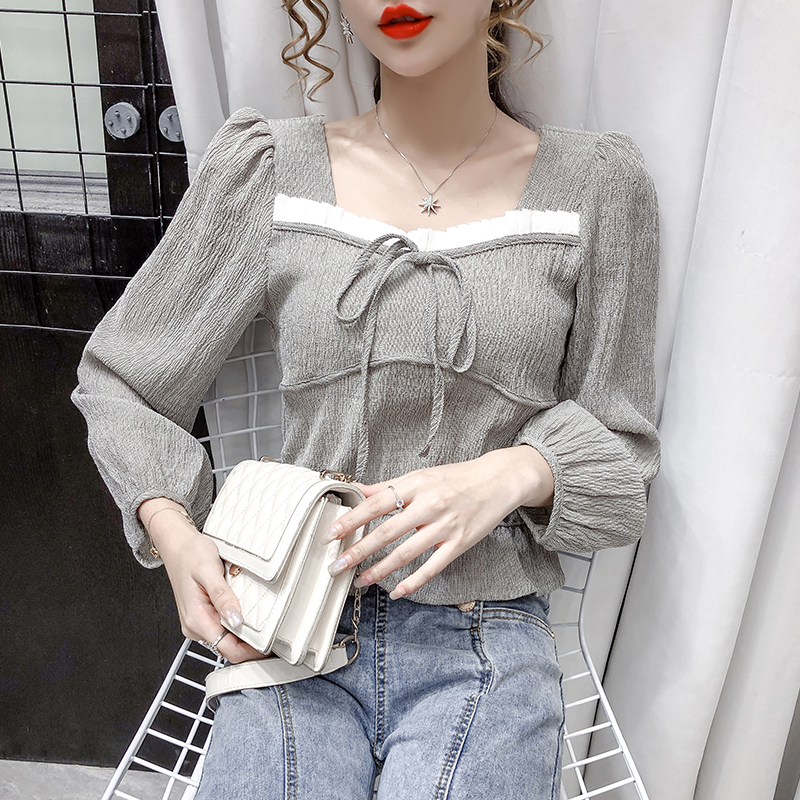 Fa-style retro square collar short shirt woman long sleeve autumn dress 2022 new bubble sleeve blouses Korean stock shirt tide