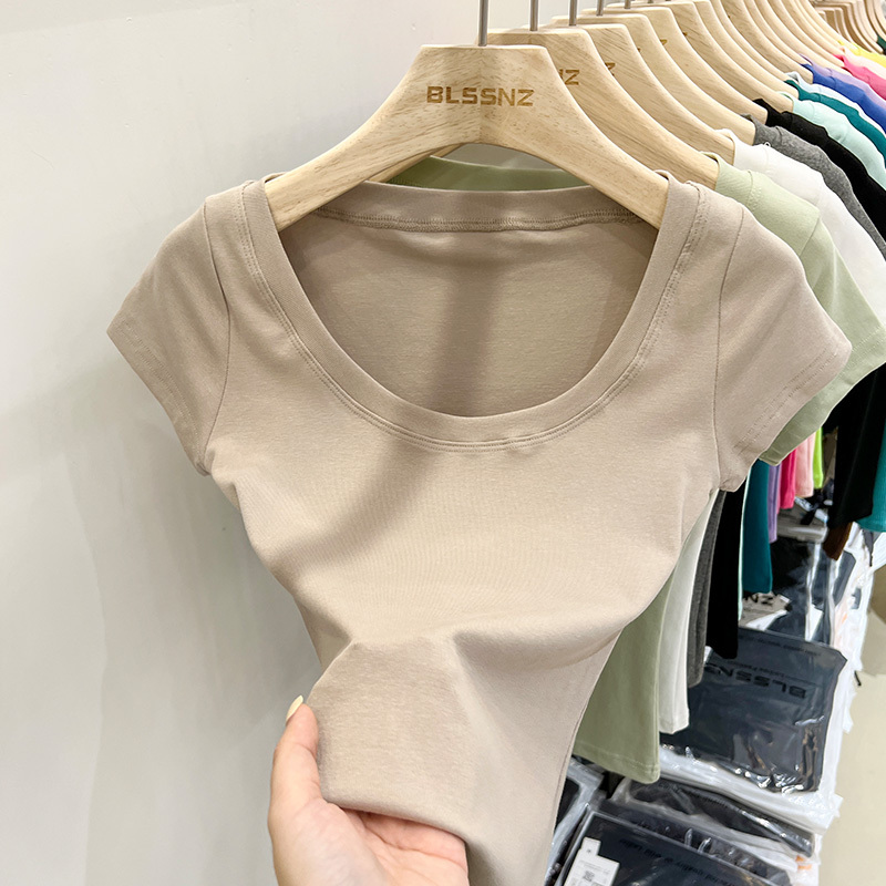 Short-Sleeved T-Shirt for Women, Tight-Fitting, Revealing Collarbone, Solid Color Base Shirt, 2024 Summer New Style, Low-Neck, Short, Pure Desire Top