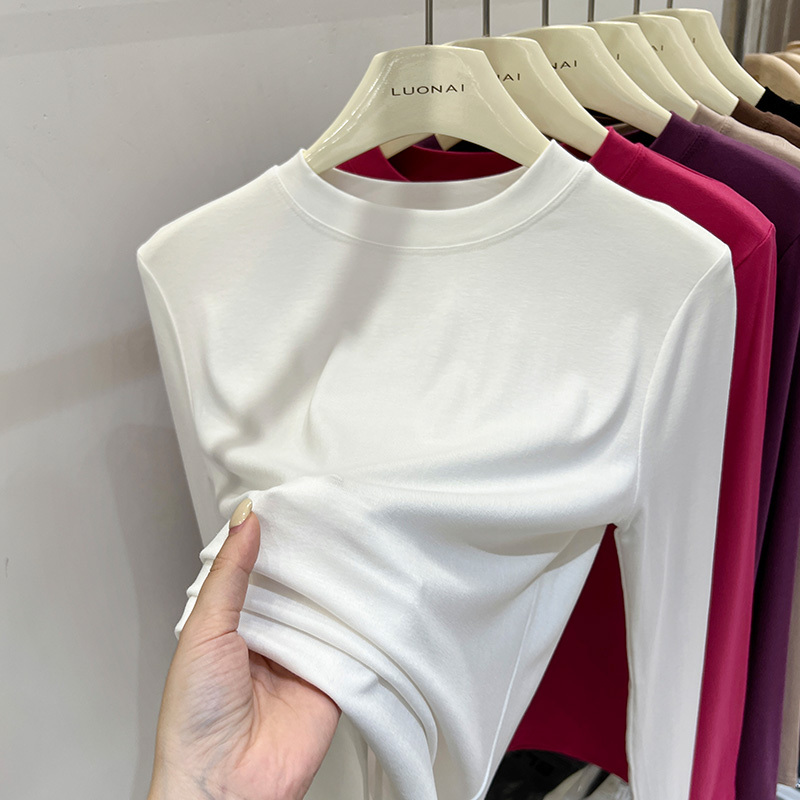 White Long-Sleeve T-Shirt with a Small Stand Collar for Women, Spring Slim-Fit Base Shirt, Stylish Thin Top for Layering