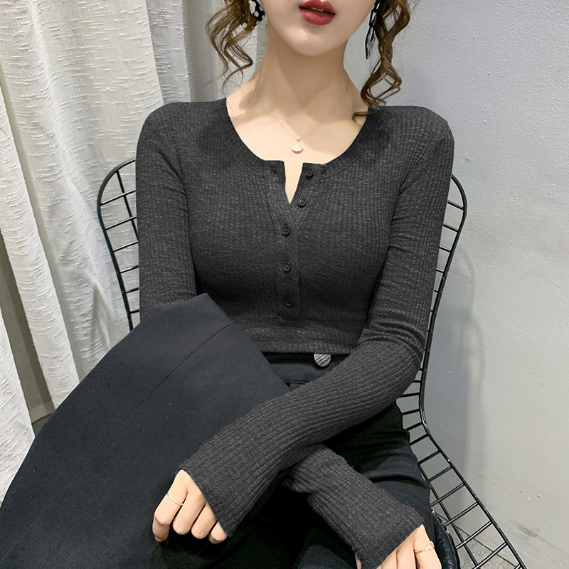 Threaded Base Shirt for Women, Spring and Autumn Inner Wear, European Style 2024 New Fashionable Slim-Fit Button-Up Long-Sleeve T-Shirt