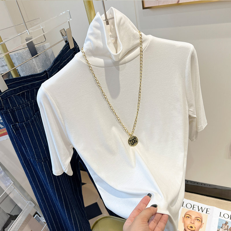 High-Neck Base Shirt for Women, Suitable for Layering in Spring and Autumn 2024, New Slim-Fit Three-Quarter Sleeve Top, Mid-Sleeve Short-Sleeve T-Shirt, Trendy