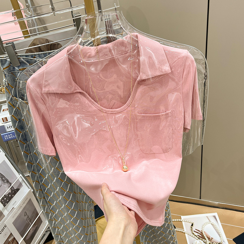 Dopamine Style Polo Collar American Retro Straight Shoulder T-Shirt for Women, Short Sleeve 2026 New Summer High-Waisted Short Top Dopamine Style Polo Collar American Retro Straight Shoulder T-Shirt for Women, Short Sleeve 2026 New Summer High-Waisted Short Top
