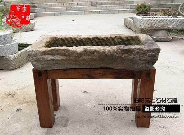 Old stone trough flowing water landscape old stone trough raising flowers and fish to make wash basin custom solid wood frame old stone trough stone grinding ornaments