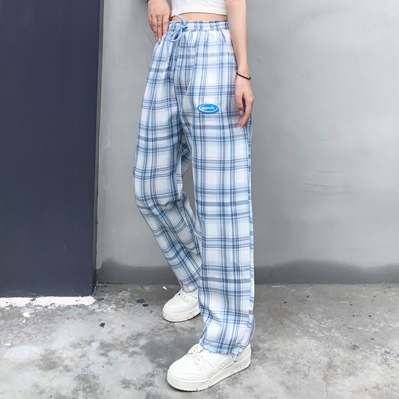 NEIGBORL Guochao straight plaid pants for men and women loose drawstring feet ins trousers couple casual sports pants
