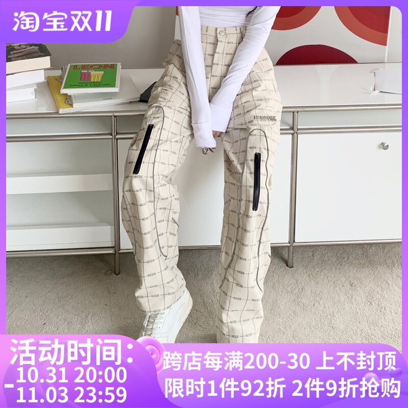 NEIGBORL national tide brand full printed letters loose casual trousers men and women reflective strip retro straight pants couple