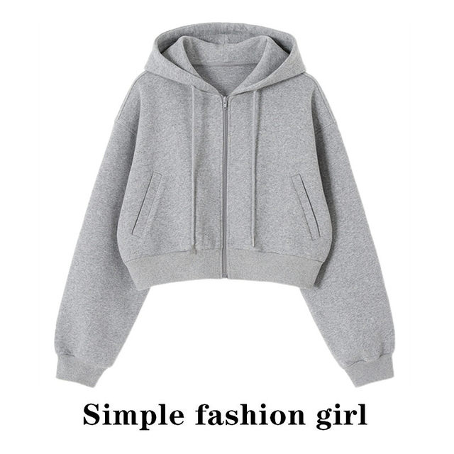 Hooded cardigan short sweatshirt for women 2024 spring and autumn new loose Korean style zipper high waist gray jacket trendy