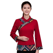 Chinese service staff uniforms with customized printed logos for catering hotel and teahouse work clothes for men and women new spring warm products