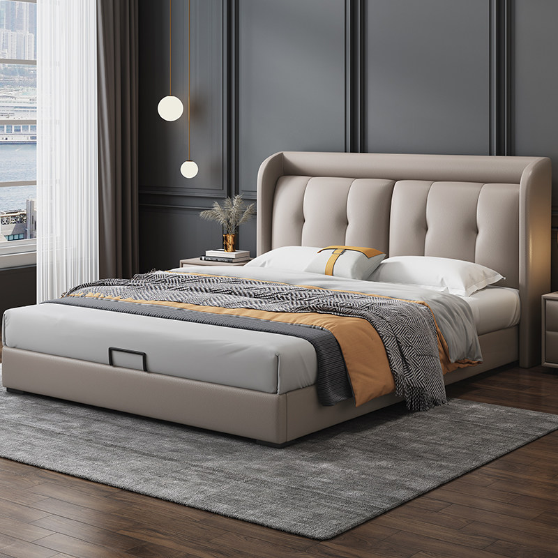 Bed Modern Brief About Double Master Bedroom 1 8 m Wedding Bed Nordic Light Luxury Real Leather Bed 1 5 Soft Bag Storage Solid Wood Large Bed