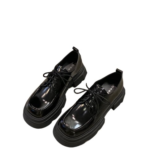 Thick-soled square-toe loafers for women, autumn and winter 2025 new fashion retro lace-up thick-soled British style small leather shoes