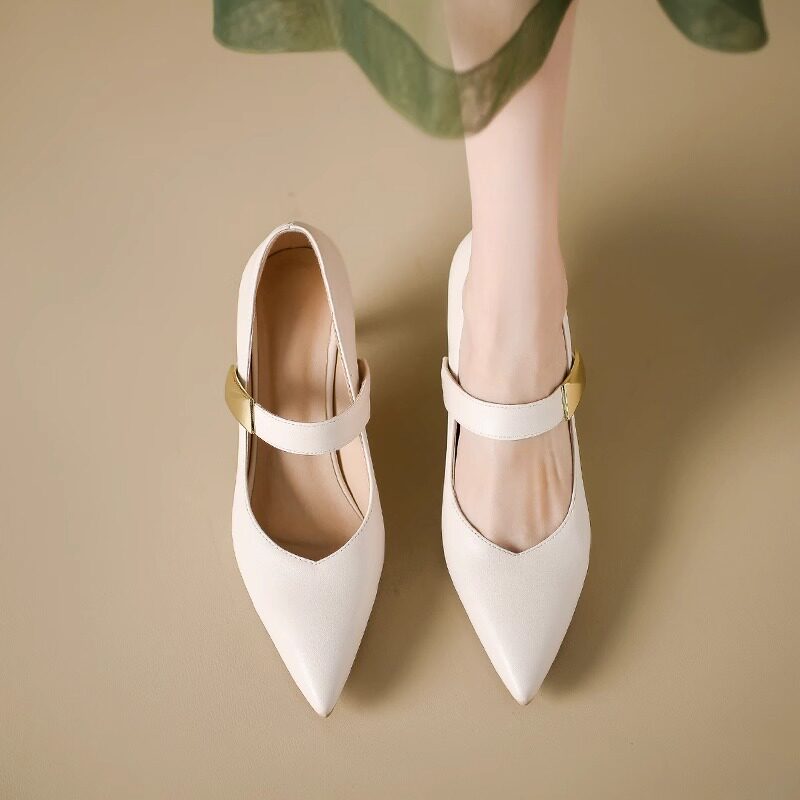 真皮尖头浅口高跟鞋女2026春夏新款法式通勤一字带中跟玛丽珍单鞋