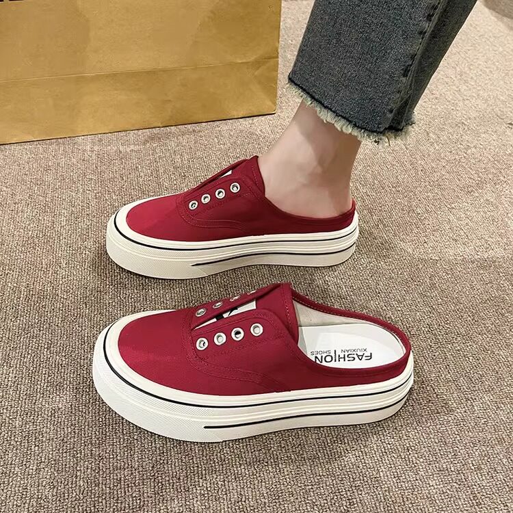 包头半拖鞋女2025年春夏新款无后跟百搭懒人一脚蹬厚底休闲帆布鞋