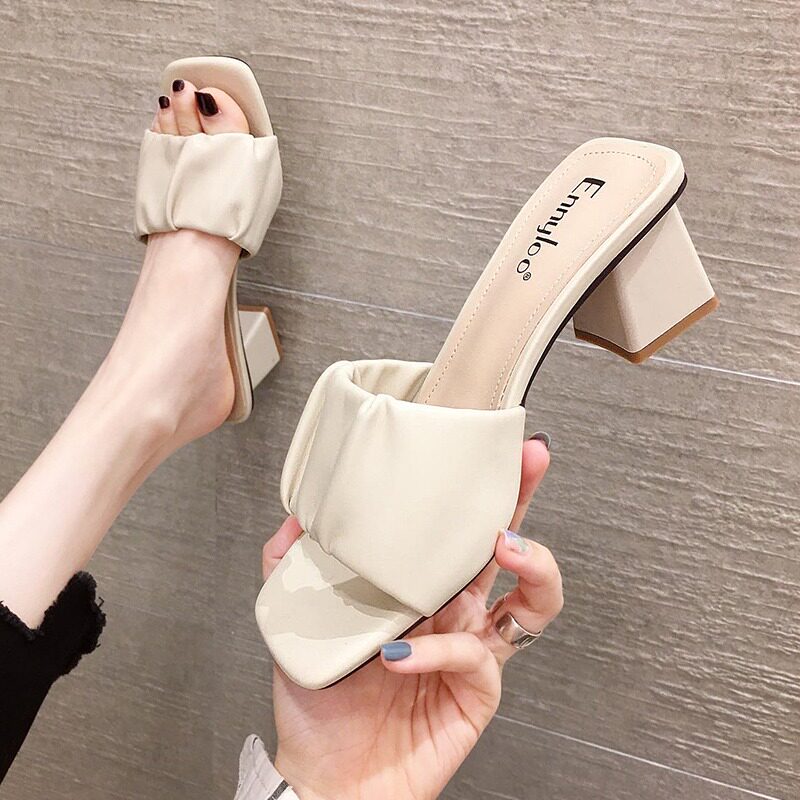 露趾方头凉拖鞋女外穿2023年夏季新款时尚网红一字拖粗跟高跟凉鞋