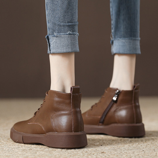 Genuine Leather Martin Boots Women's Soft Sole Soft Surface Retro Autumn and Winter Plus Velvet 2025 New Women's Boots Warm Short Cotton Shoes Short Boots