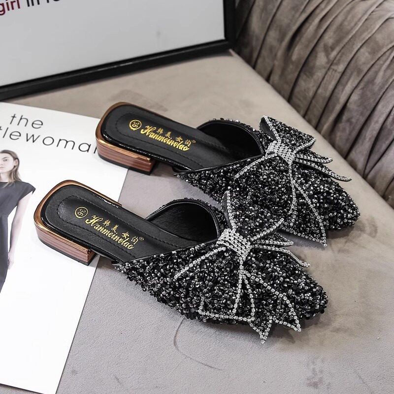 包头半拖鞋女夏季外穿2024新款一脚蹬懒人单鞋百搭尖头粗跟凉拖鞋