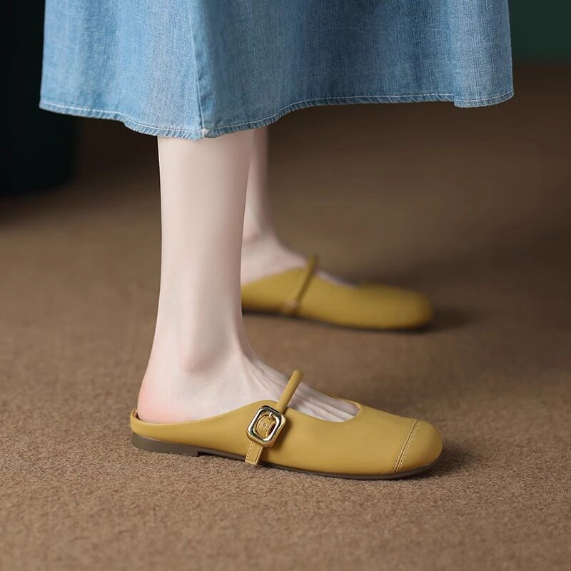 舒适超软小羊皮半拖鞋女2025夏外穿一脚蹬平底懒人穆勒包头凉拖鞋