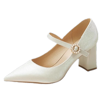 Fataway High heels 2024 printemps new white Mary Jane bridesmaid chaussures with a single line of pointes gros heel single shoes