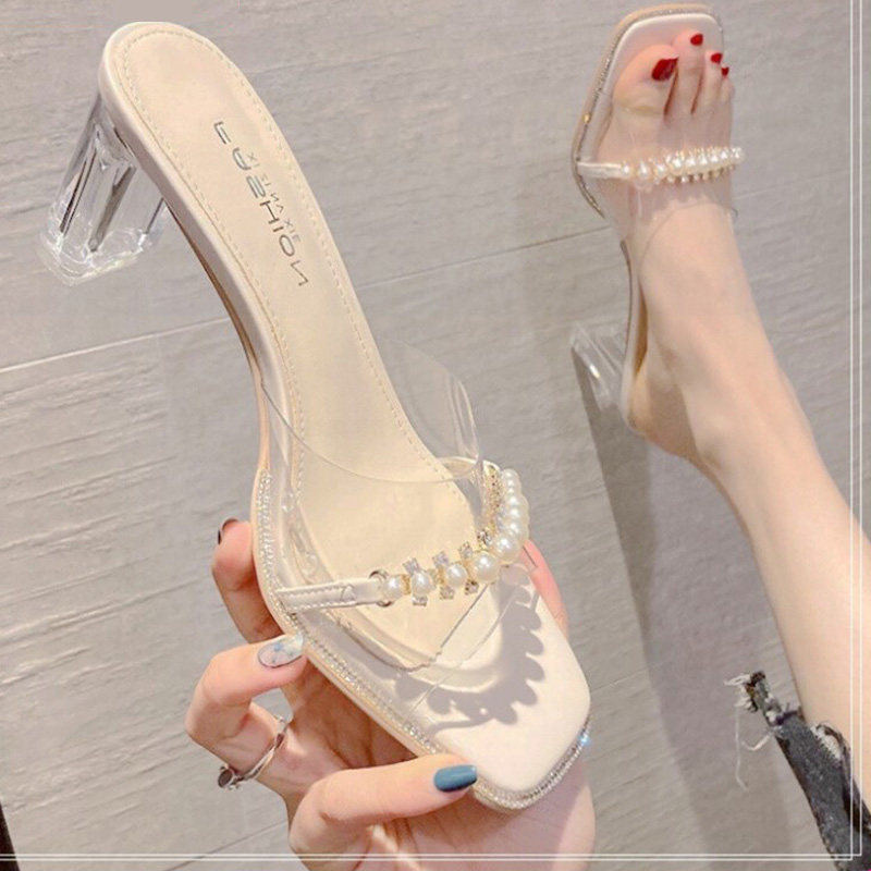 透明水晶跟凉拖鞋女外穿2023夏季新款仙女风珍珠粗跟一字拖高跟鞋