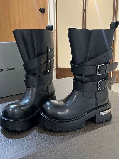 Cowhide version of Paris mid-calf knight boots for women 2025 autumn and winter new style belt buckle thick sole giant good-looking motorcycle boots