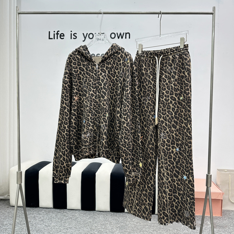 26 Spring New Ocean Series Printed Leopard Print Zipper Hooded Jacket and Straight-Leg Pants Set Two-Piece Women's Loose Fit