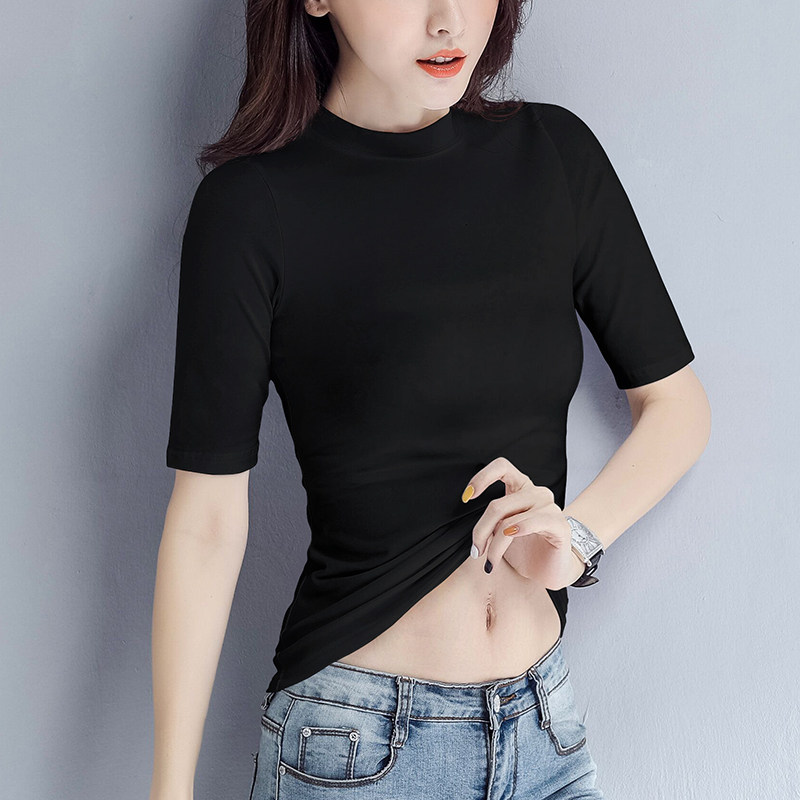 Half-high collar five-quarter-sleeve bottoming shirt women's summer dress pure cotton slim Korean version avocado green top black sleeve T-shirt