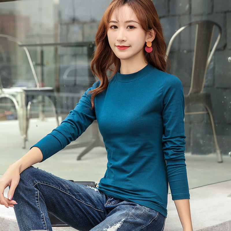 Long sleeve T-shirt woman fit 2020 new half-height collar with medium long version pure cotton peacock blue blouses tights