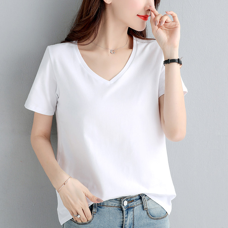 Spring 2020 new white v - collar T - shirt women Han Edition relaxed casual tops with a pure color shirt tide