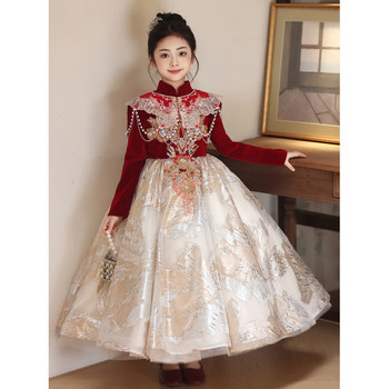 Girls' Evening Dress Red New Chinese Style Children's Birthday Princess Dress Host Piano Performance Dress Autumn and Winter New Year Dress
