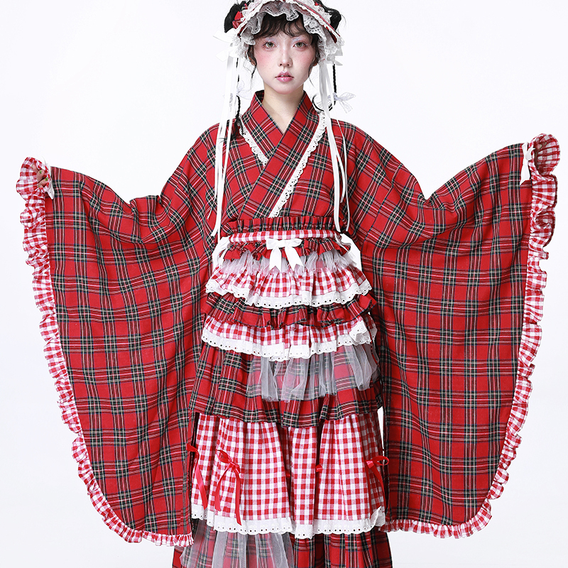 Meme Original Design Japanese Showa Retro Cute Japanese Style Girl's Top Red Plaid Modified Kimono Yukata Meme Original Design Japanese Showa Retro Cute Japanese Style Girl's Top Red Plaid Modified Kimono Yukata