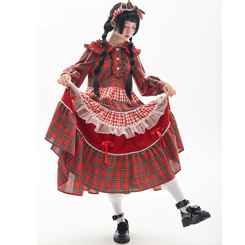 Meme Original Ancient Japanese-Style Showa Retro Christmas Red Dress Cute Vintage Niche Dress Autumn and Winter