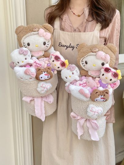 Kätzchen-Cross-Dressing-Bär-Puppen-Blumenstrauß, Geschenk zum Valentinstag für Freundin und beste Freundin zum Geburtstag, praktischer Cartoon-Blumenstrauß