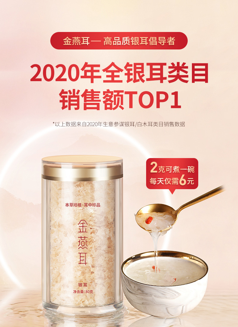 金燕耳 特级本草银耳 80g可做40杯 15分钟出胶 3倍粗多糖含量 图1