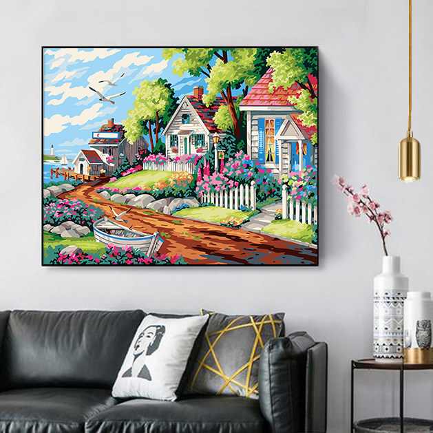 diy digital oil painting Hand coloring Oil painting Decompression filling painting Living room bedroom decoration hanging painting Seaside villa