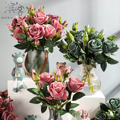 Vintage Bulgarian rose bouquet simulation flower living room decoration fake flower arrangement bottle dining table modern simple ornaments