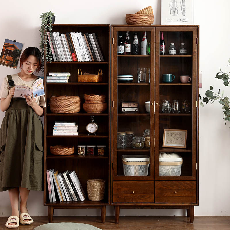 All solid wood bookcase double door floor storage cabinet with door glass cabinet wine cabinet storage cabinet Japanese style whole wall combination cabinet