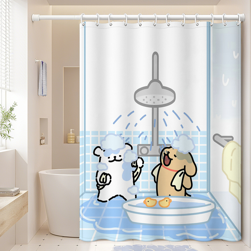 Bathroom Shower Curtain Waterproof Partition Curtain Door Curtain Window Curtain Fabric Cover Cute Cartoon No-Drill Puppy Pattern