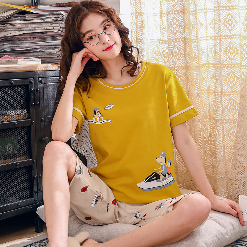 Bộ đồ ngủ womens tay áo ngắn bảy điểm phụ nữ quần mùa hè phim hoạt hình mỏng bông phù hợp với mùa hè dễ thương bông giản dị về nhà quần áo.