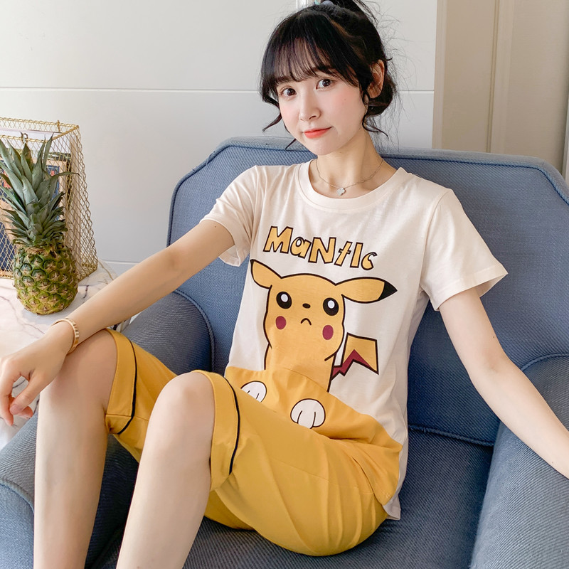 Bộ đồ ngủ womens tay áo ngắn bảy điểm phụ nữ quần mùa hè phim hoạt hình mỏng bông phù hợp với mùa hè dễ thương bông giản dị về nhà quần áo.