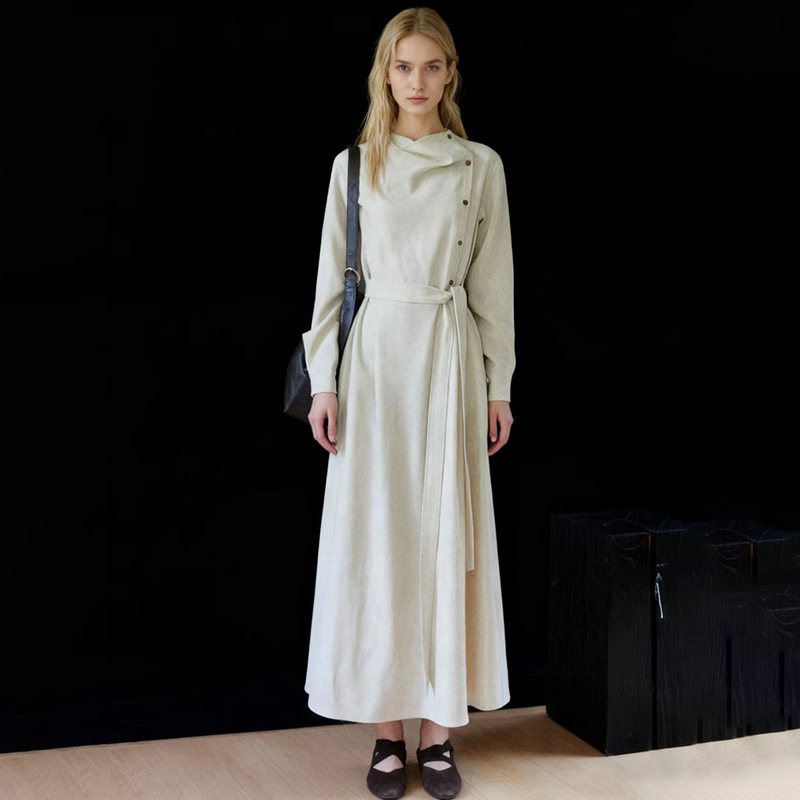 Huaappuw Diagonal Placket Design Stylish Draped Dress 2025 Autumn and Winter New Style Tie Waist Long Dress for Women