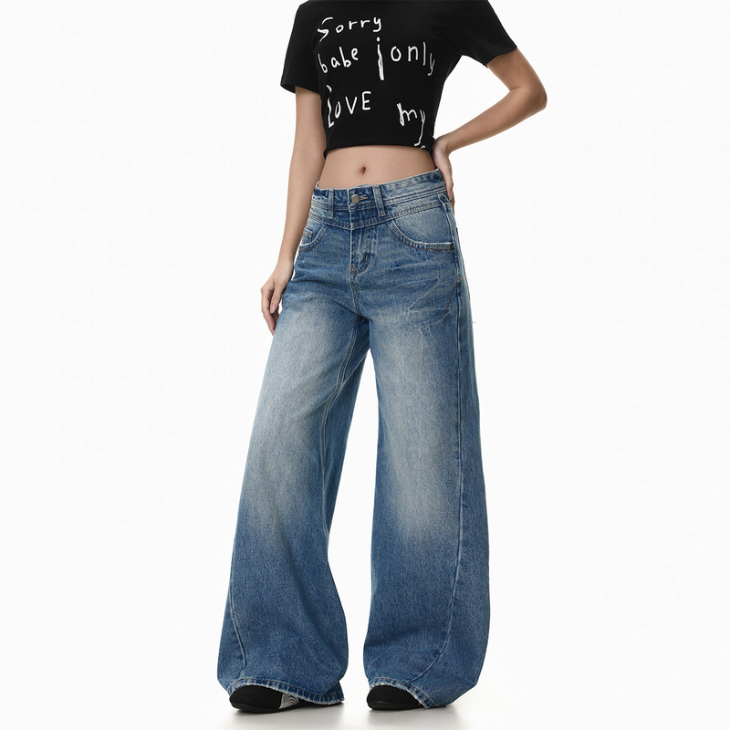 Freemary Washed Vintage Low-Waist Jeans for Women, Spring and Summer Fashion, Loose Fit, Slimming Straight-Leg Wide-Leg Pants, Trendy