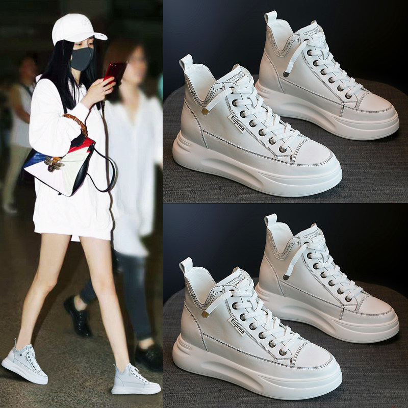 Net red small white shoes women's 2021 autumn new style all-match thin spring leather increased thick bottom casual high-top shoes