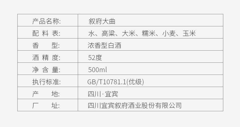 叙府宜宾蓝标52度大曲酒