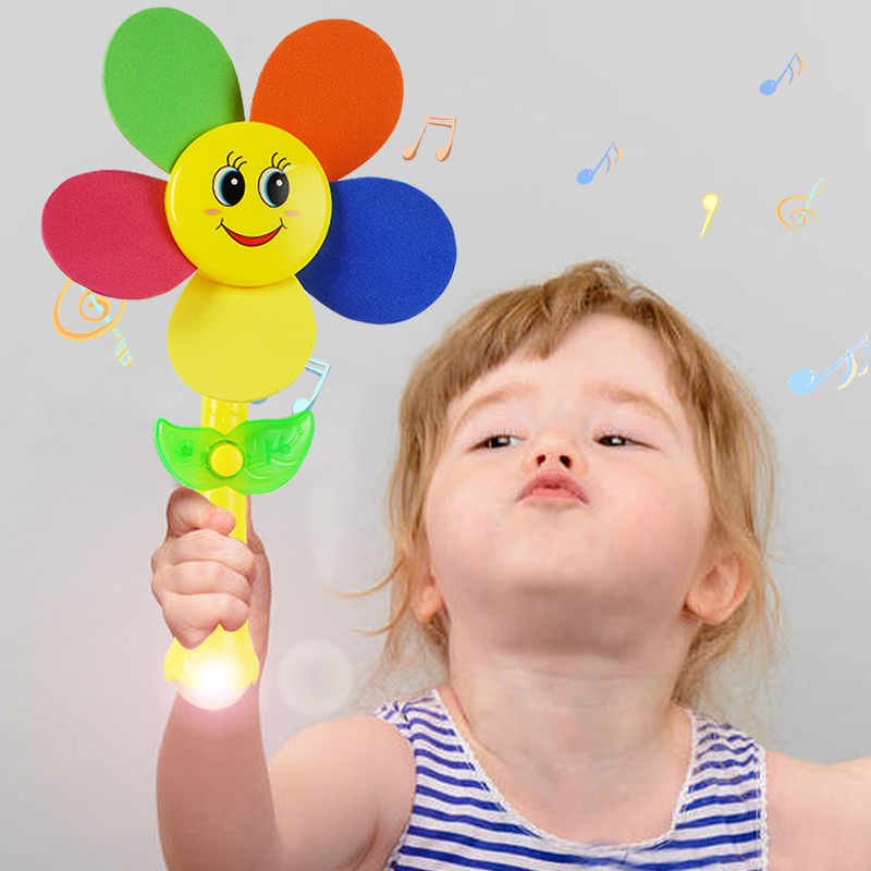 Baby Boy Electric Fan Rod Sunflower Windmill Cartoon Kindergarten Toddler Toddler Plastic Swivel Seven Colorful Lights