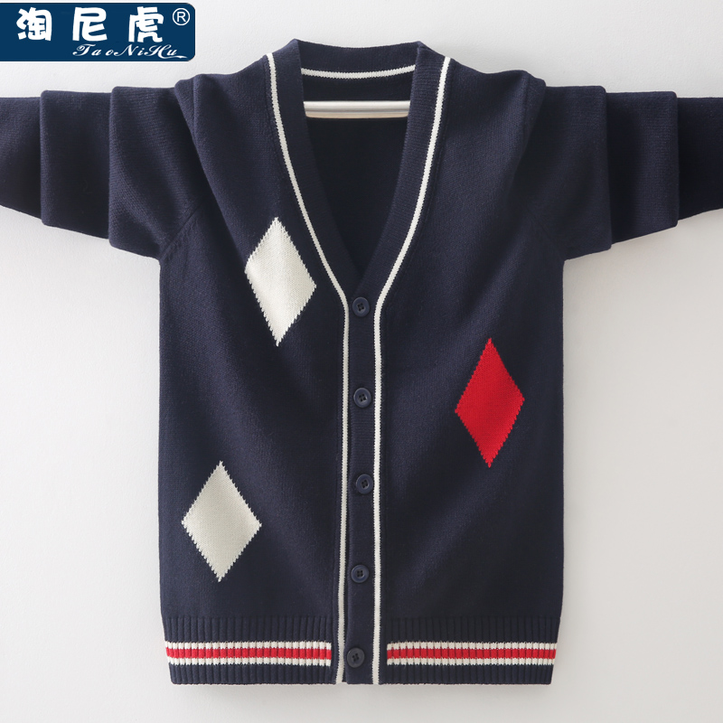 Boy cardiovert jacket knit CUHK child Korean version Spring and autumn clothes boy pure cotton children knit cardio-hoodie slim fit