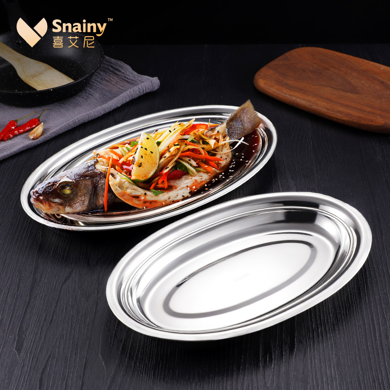 Food grade 304 stainless steel plate household dish steam dish dish creative elliptical dish thickening large