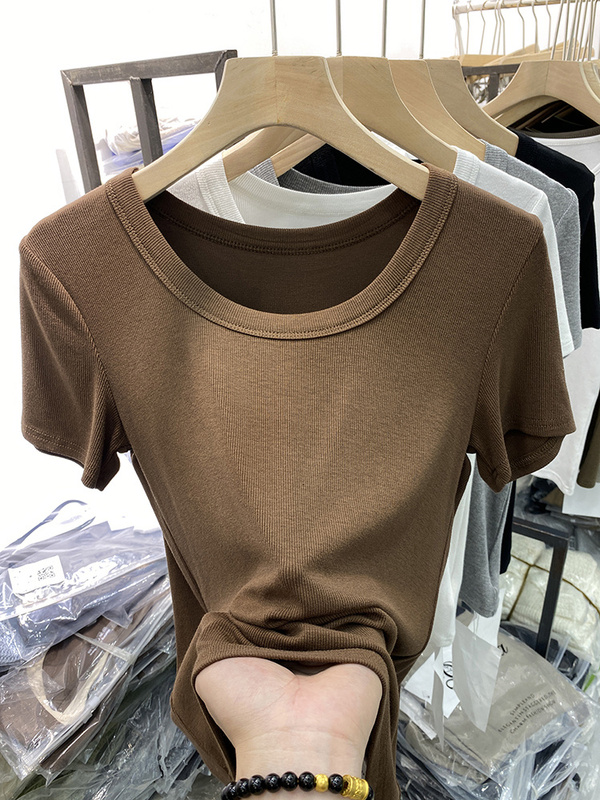 Ribbed Cotton Short-Sleeve T-Shirt for Women, 2025 Summer New Solid Color Simple Low Round Neck Slim Fit Stretchy Base Shirt Ribbed Cotton Short-Sleeve T-Shirt for Women, 2025 Summer New Solid Color Simple Low Round Neck Slim Fit Stretchy Base Shirt