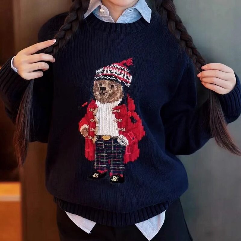 Rl Celebrity-Style Sweater with Bear New Year Embroidery, Pure Cotton Round-Neck Pullover, Loose Fit, Slimming Top, New Model